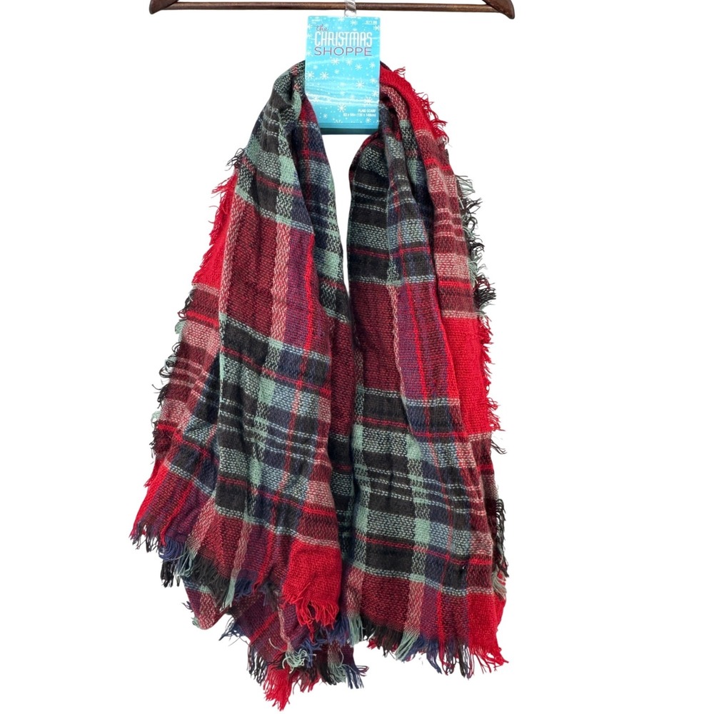 Y2K The Christmas Shoppe Red Green Plaid Blanket Fringe Scarf Womens Deadstock